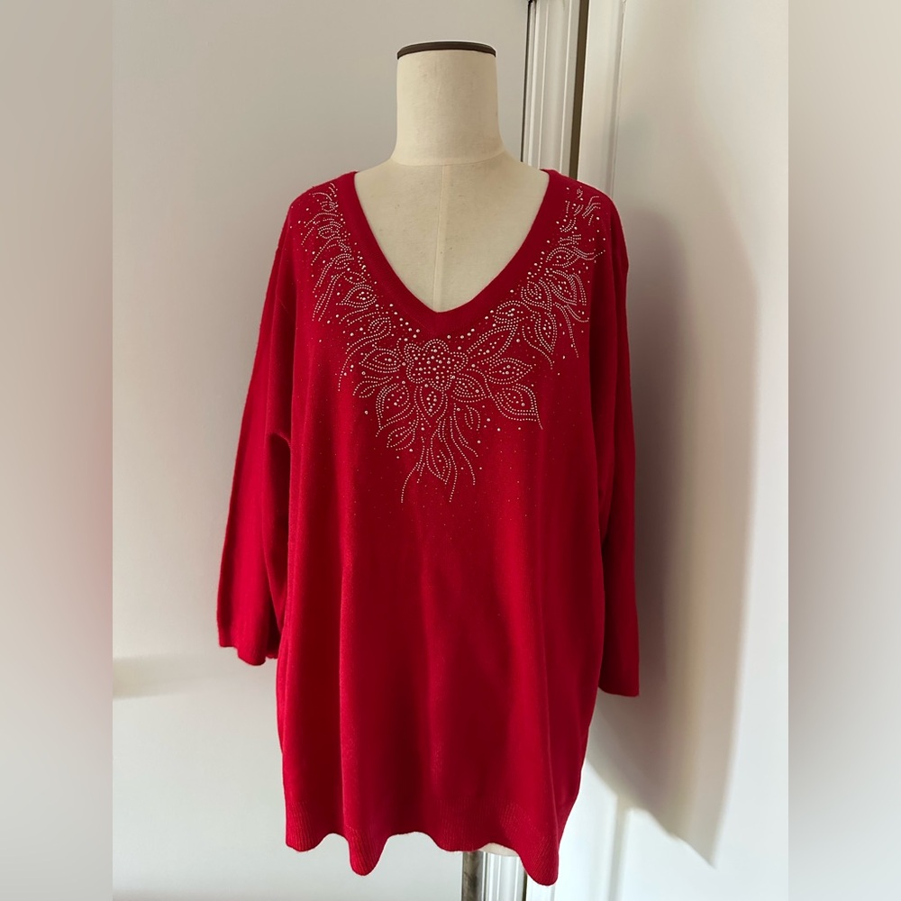 Beautiful red lightweight sweater, 3/4 sleeves and embellished neckline .Size 3x